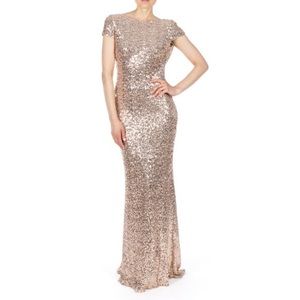 CAP-SLEEVE SEQUIN COWL BACK EVENING GOWN